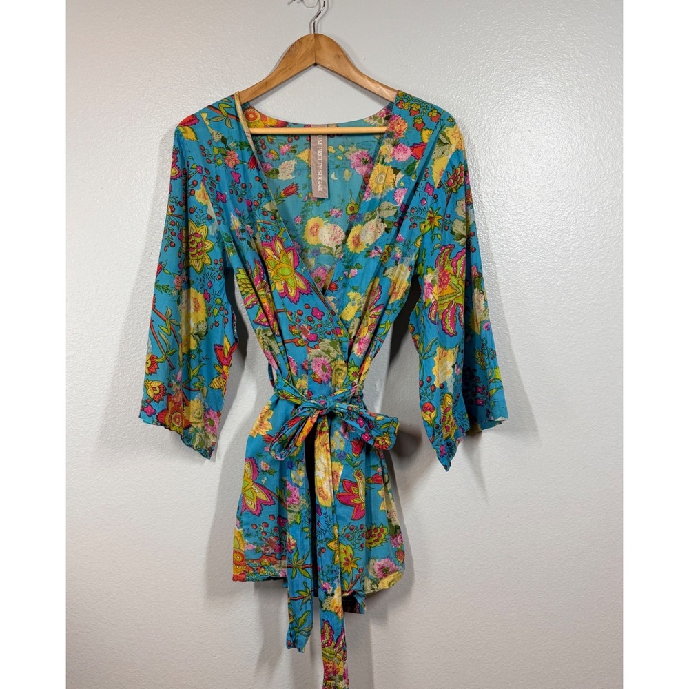 Plum Pretty Sugar Robe Womens XS Blue Floral Short Kimono Wrap Cotton Tie Waist